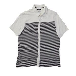 Alfani Button Up Knit Shirt Men's M Navy Blue Stripes Short Sleeve EUC Old Money